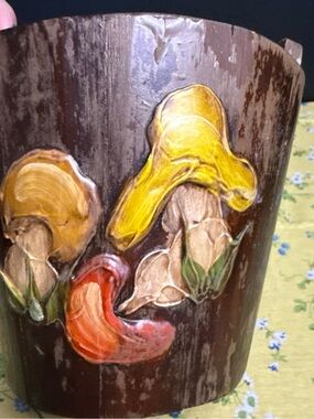 Hand-Painted Mushroom Motif Wooden Planter - Yellow, Orange, Brown